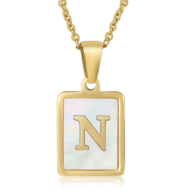 18K Plated Chain Necklaces Male Square Natural Shell Initial Letters Pendant Stainless Steel Jewelry for Women Gifts