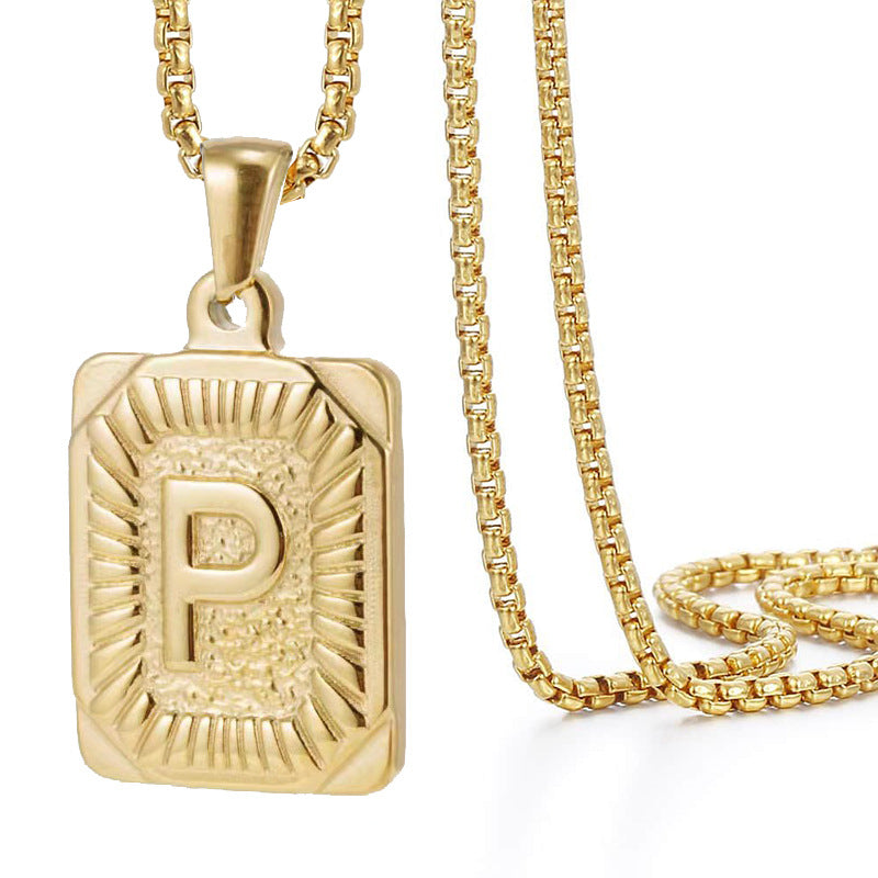 Initial A-Z Letter Pendant Necklace Mens Womens Capital Letter Yellow Gold Plated Stainless Steel Box Chain 22inch