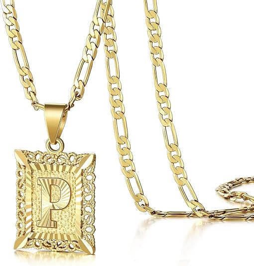 KissYan Initial Letter Pendant Necklace for Men & Women, 14K Gold Plated Alphabet Necklace on Figaro Chain, Elegant Design