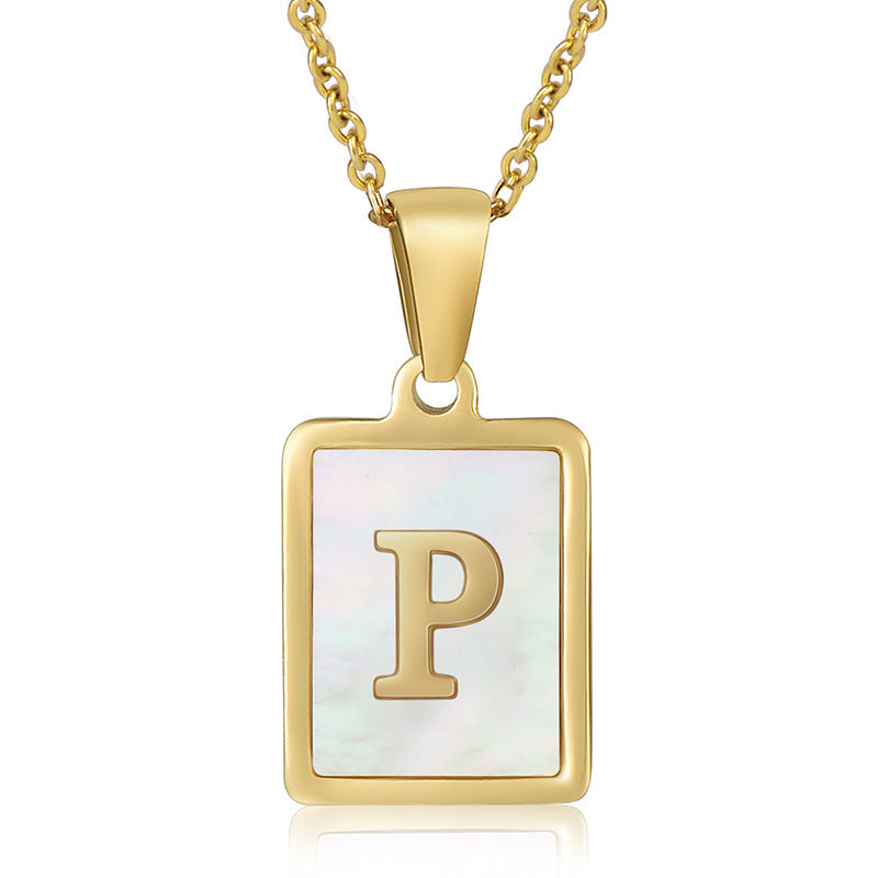 18K Plated Chain Necklaces Male Square Natural Shell Initial Letters Pendant Stainless Steel Jewelry for Women Gifts