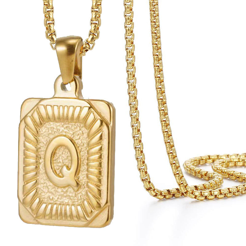 Initial A-Z Letter Pendant Necklace Mens Womens Capital Letter Yellow Gold Plated Stainless Steel Box Chain 22inch
