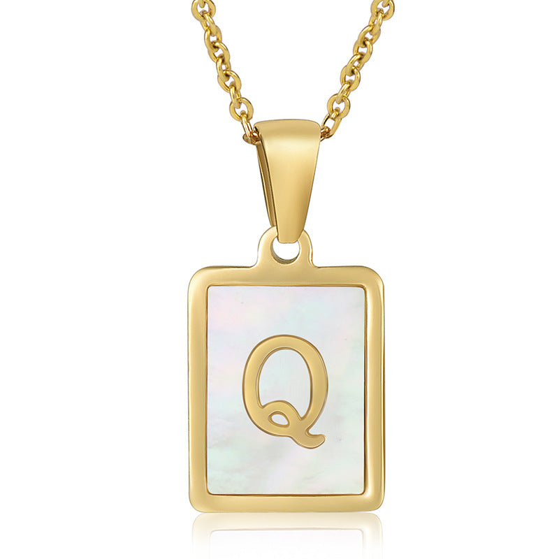 18K Plated Chain Necklaces Male Square Natural Shell Initial Letters Pendant Stainless Steel Jewelry for Women Gifts