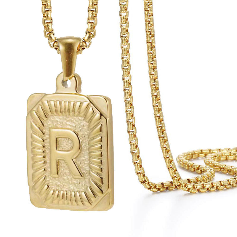 Initial A-Z Letter Pendant Necklace Mens Womens Capital Letter Yellow Gold Plated Stainless Steel Box Chain 22inch
