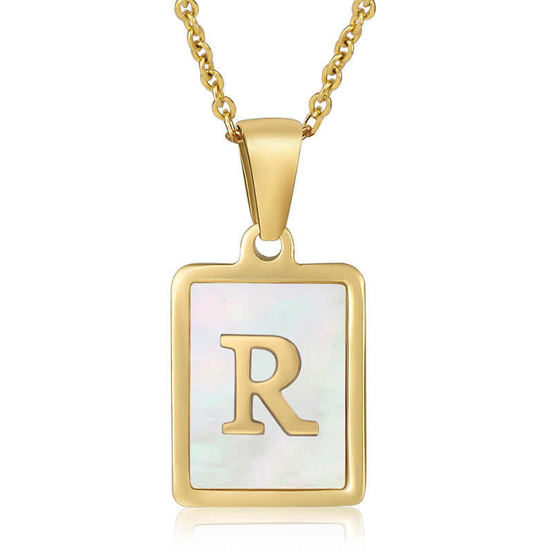 18K Plated Chain Necklaces Male Square Natural Shell Initial Letters Pendant Stainless Steel Jewelry for Women Gifts