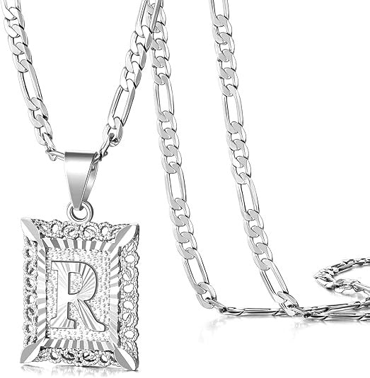 Figaro KissYan Initial Letter Pendant Necklace for Men & Womens Platinum Gold Plated Square Capiton Necklace - 50cm Chain, 2.3cm Pendant