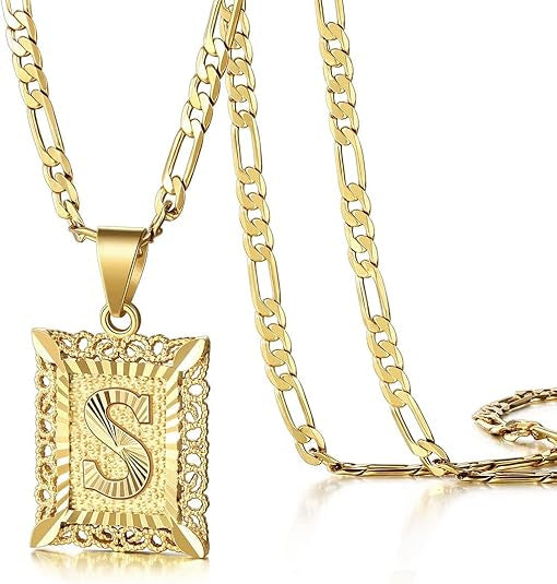 KissYan Initial Letter Pendant Necklace for Men & Women, 14K Gold Plated Alphabet Necklace on Figaro Chain, Elegant Design