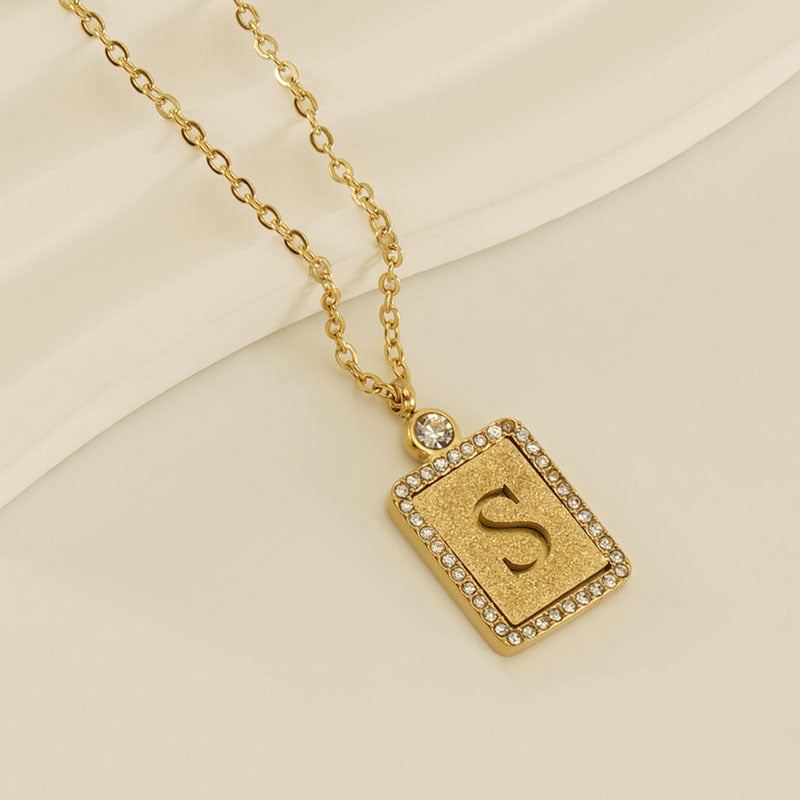 Women's Stainless Steel Pressed Sand Letter Necklace Set with Diamonds 18K Hollow Letter Pendant Clavicle Chain Jewelry