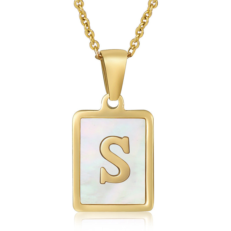 18K Plated Chain Necklaces Male Square Natural Shell Initial Letters Pendant Stainless Steel Jewelry for Women Gifts