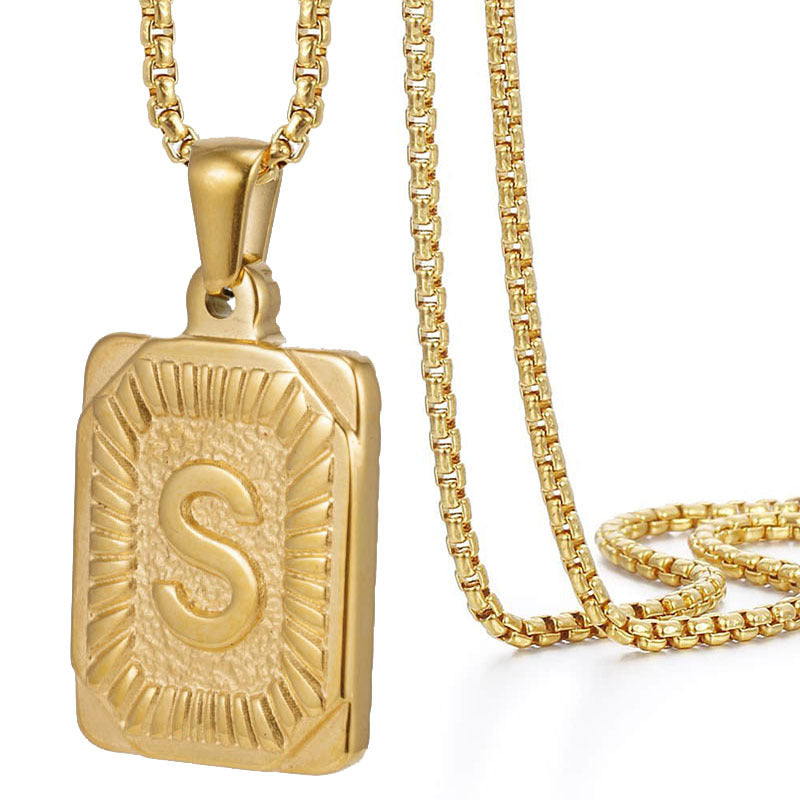 Initial A-Z Letter Pendant Necklace Mens Womens Capital Letter Yellow Gold Plated Stainless Steel Box Chain 22inch