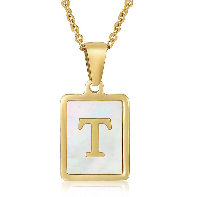 18K Plated Chain Necklaces Male Square Natural Shell Initial Letters Pendant Stainless Steel Jewelry for Women Gifts