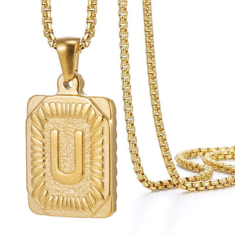 Initial A-Z Letter Pendant Necklace Mens Womens Capital Letter Yellow Gold Plated Stainless Steel Box Chain 22inch