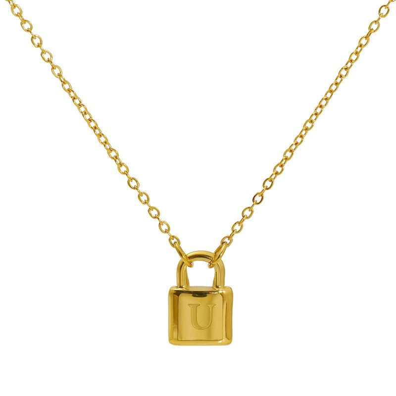 Titanium Steel Non-Fading Lock Head 26-Letter Clavicle Necklace for Women Gold Color Chain Jewelry