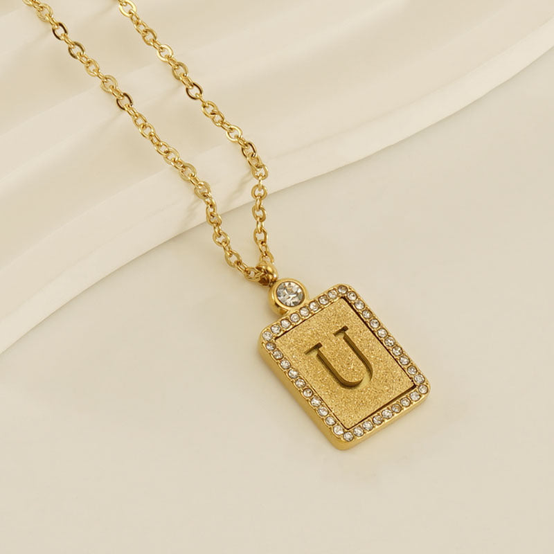 Women's Stainless Steel Pressed Sand Letter Necklace Set with Diamonds 18K Hollow Letter Pendant Clavicle Chain Jewelry