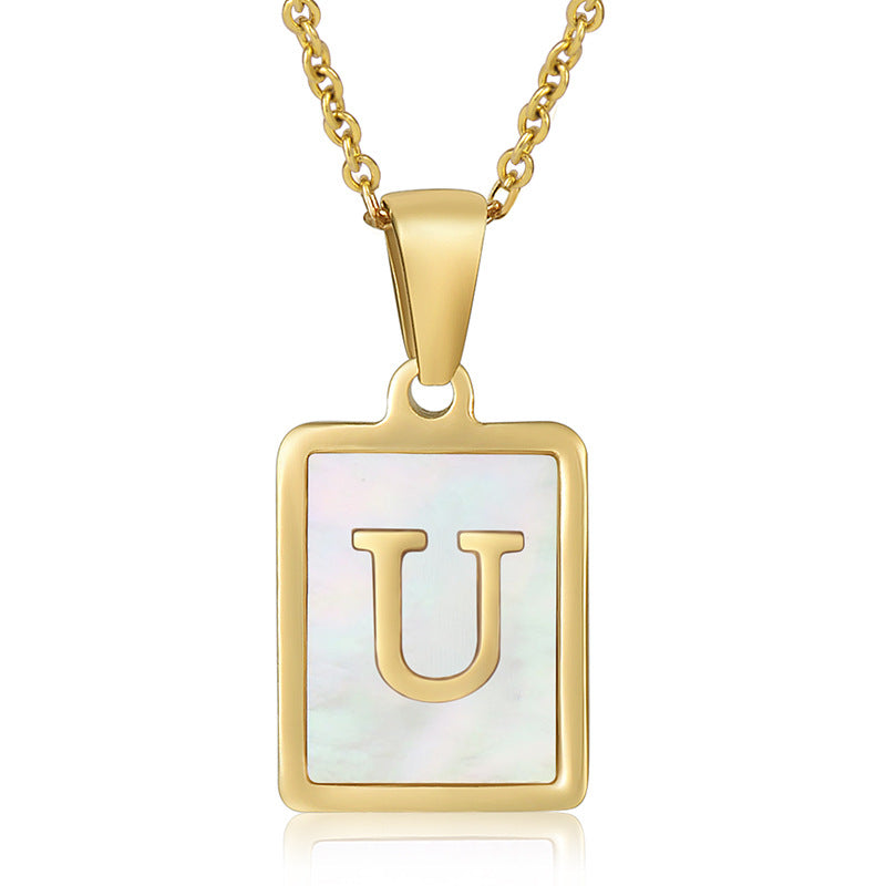 18K Plated Chain Necklaces Male Square Natural Shell Initial Letters Pendant Stainless Steel Jewelry for Women Gifts