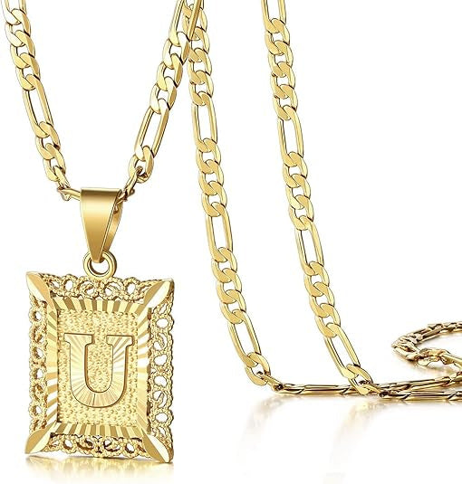 KissYan Initial Letter Pendant Necklace for Men & Women, 14K Gold Plated Alphabet Necklace on Figaro Chain, Elegant Design