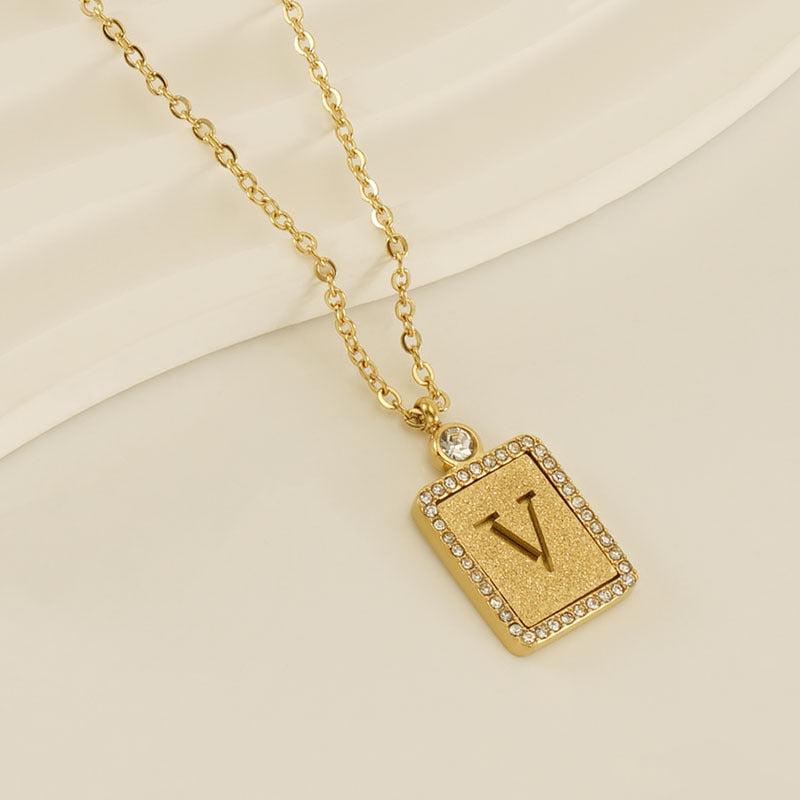 Women's Stainless Steel Pressed Sand Letter Necklace Set with Diamonds 18K Hollow Letter Pendant Clavicle Chain Jewelry