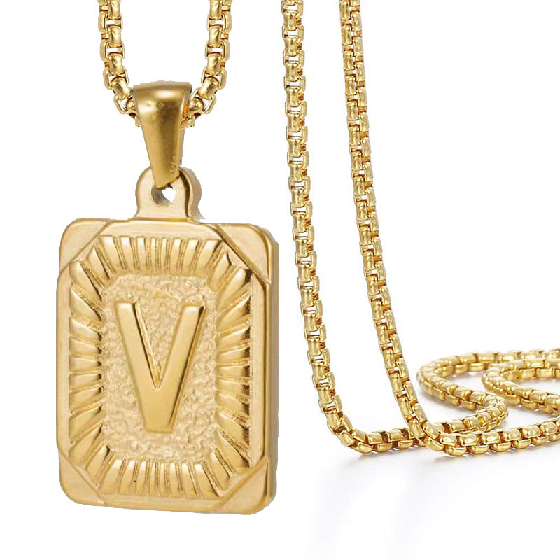 Initial A-Z Letter Pendant Necklace Mens Womens Capital Letter Yellow Gold Plated Stainless Steel Box Chain 22inch