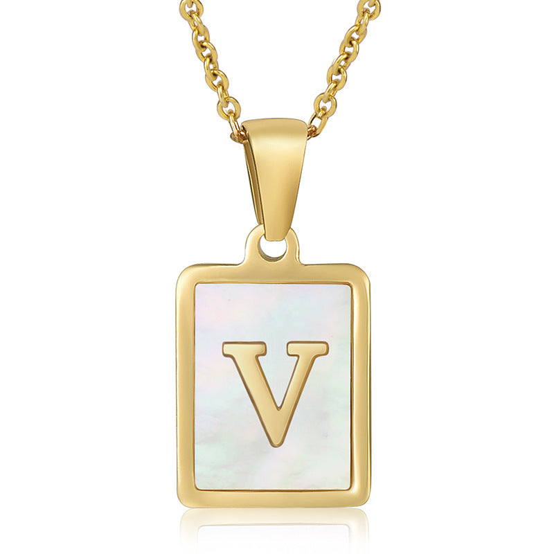 18K Plated Chain Necklaces Male Square Natural Shell Initial Letters Pendant Stainless Steel Jewelry for Women Gifts