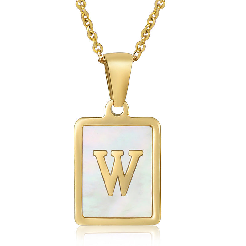 18K Plated Chain Necklaces Male Square Natural Shell Initial Letters Pendant Stainless Steel Jewelry for Women Gifts