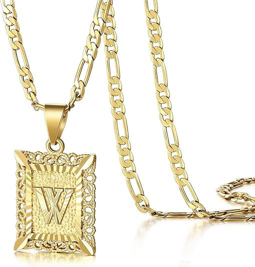 KissYan Initial Letter Pendant Necklace for Men & Women, 14K Gold Plated Alphabet Necklace on Figaro Chain, Elegant Design