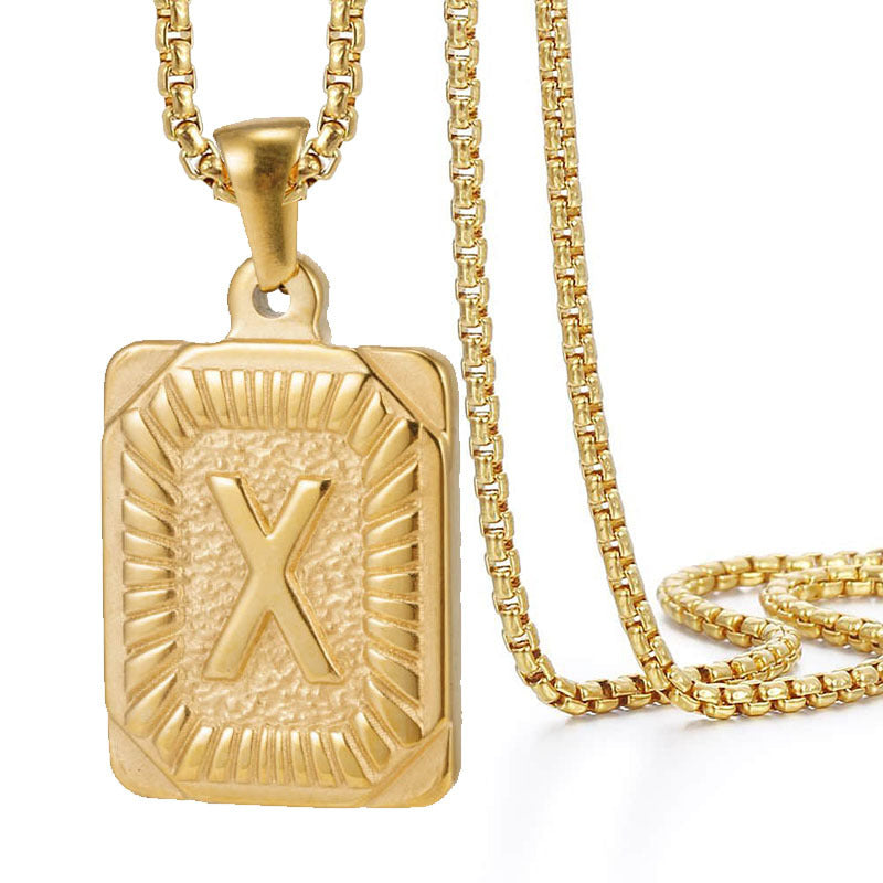 Initial A-Z Letter Pendant Necklace Mens Womens Capital Letter Yellow Gold Plated Stainless Steel Box Chain 22inch