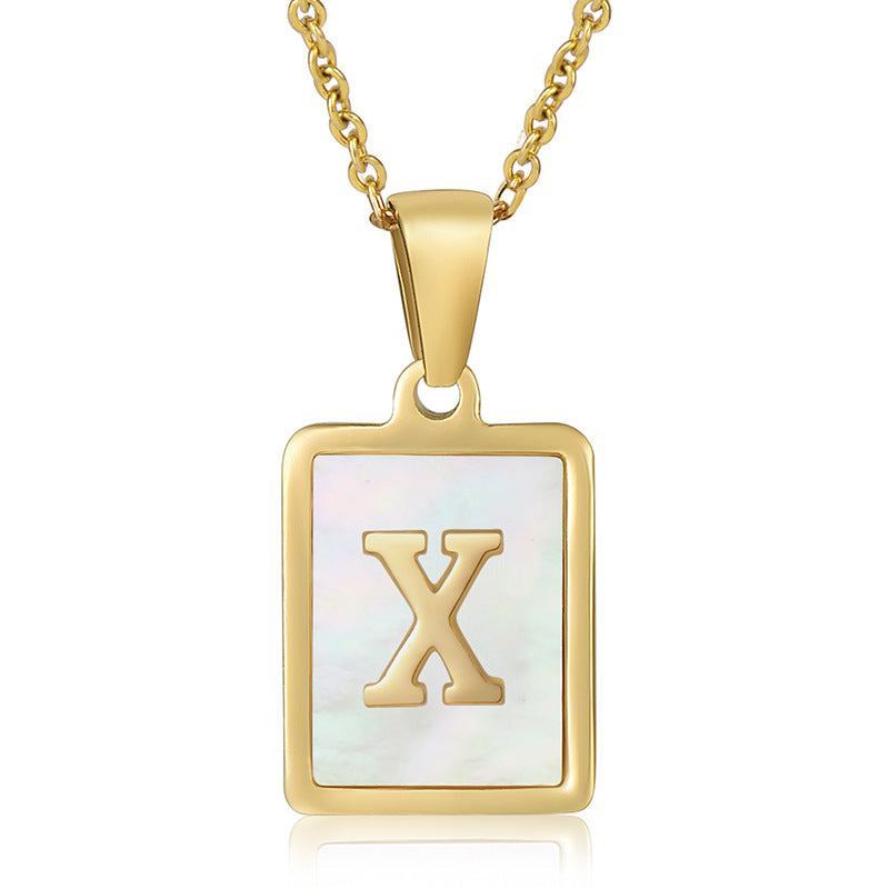 18K Plated Chain Necklaces Male Square Natural Shell Initial Letters Pendant Stainless Steel Jewelry for Women Gifts