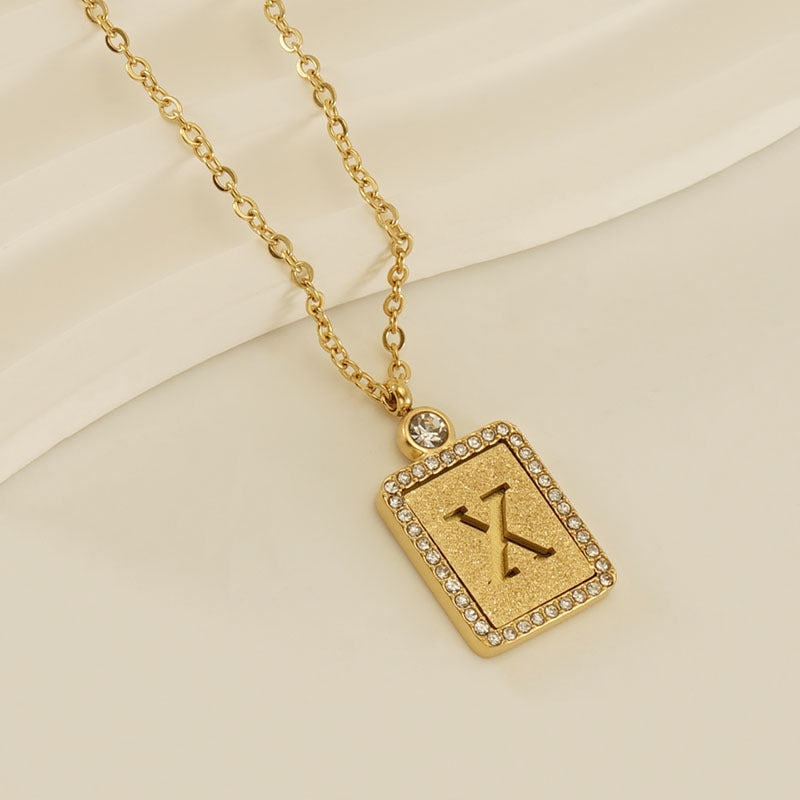 Women's Stainless Steel Pressed Sand Letter Necklace Set with Diamonds 18K Hollow Letter Pendant Clavicle Chain Jewelry