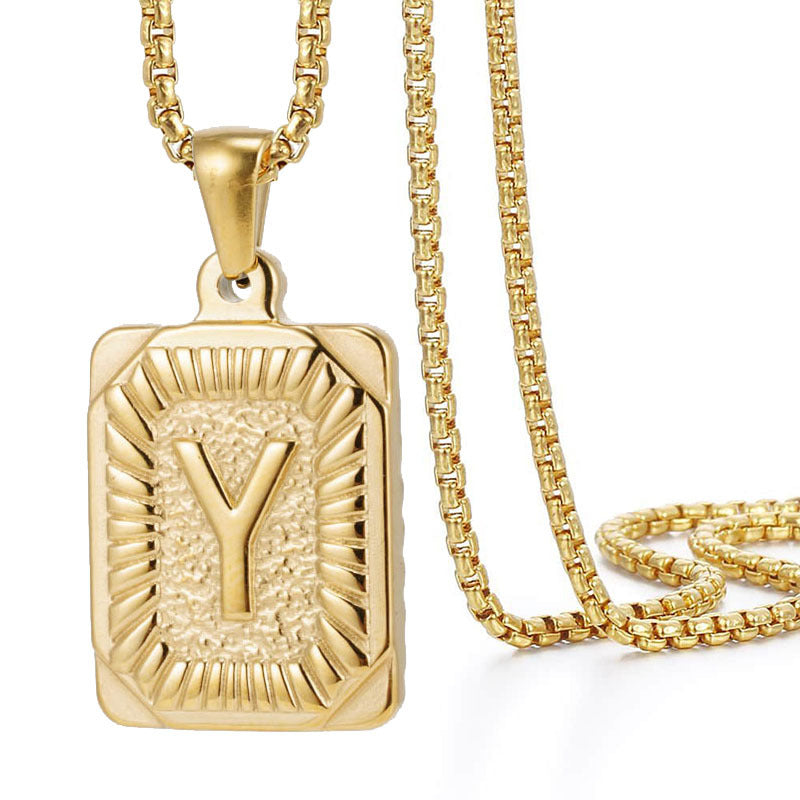 Initial A-Z Letter Pendant Necklace Mens Womens Capital Letter Yellow Gold Plated Stainless Steel Box Chain 22inch