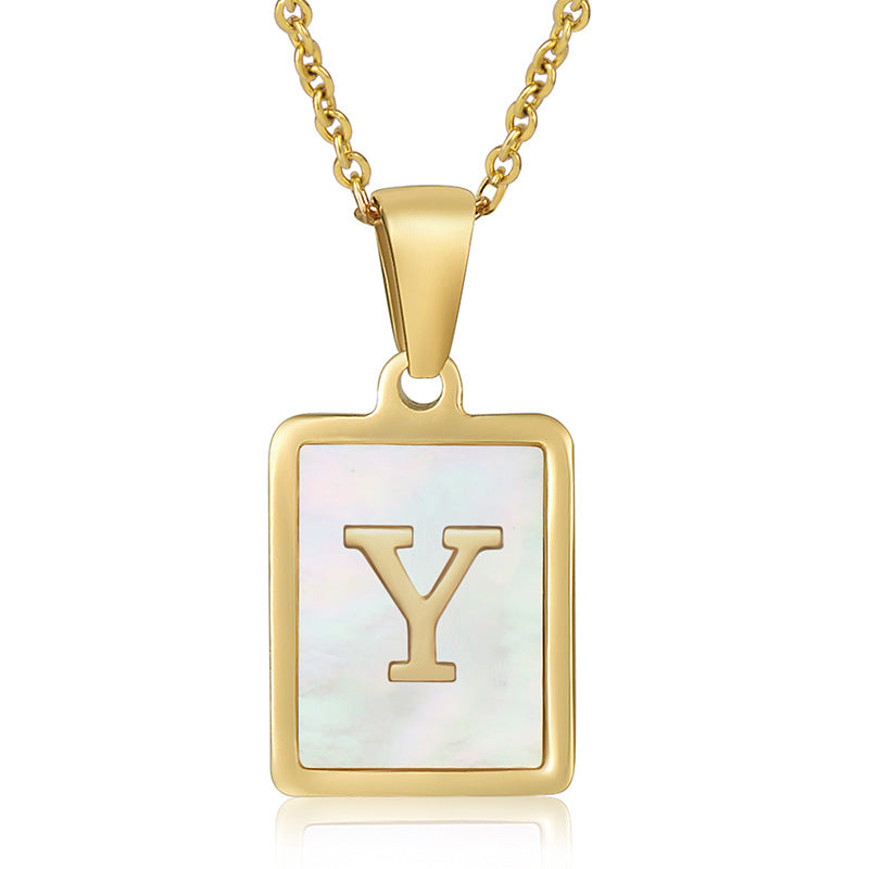 18K Plated Chain Necklaces Male Square Natural Shell Initial Letters Pendant Stainless Steel Jewelry for Women Gifts