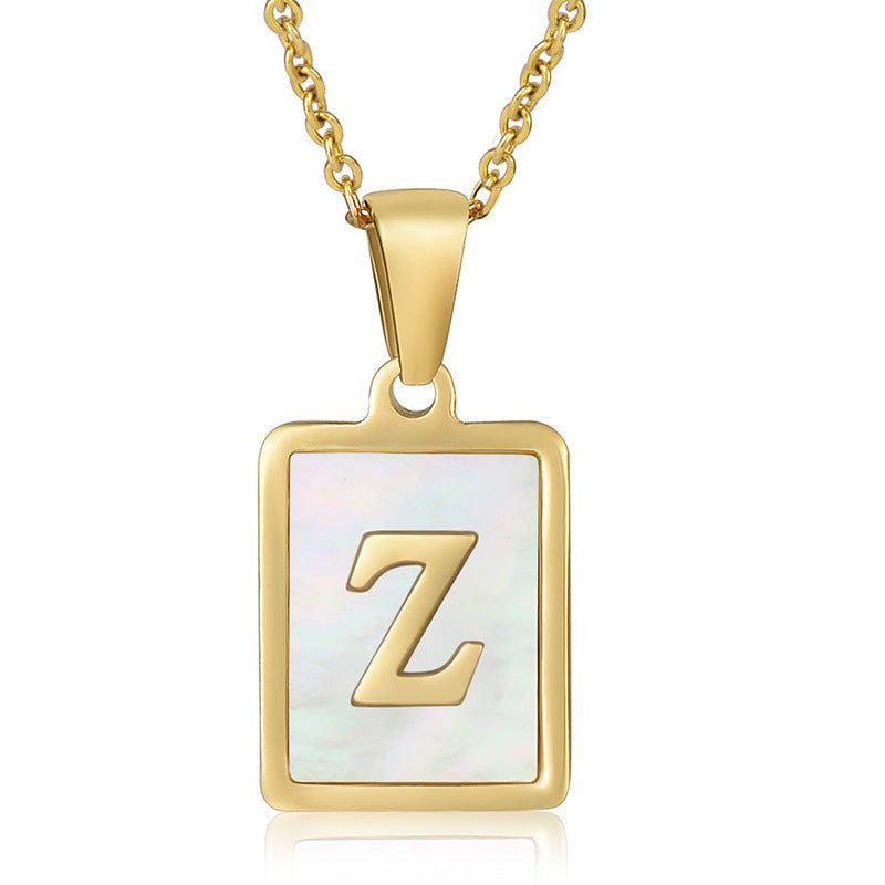 18K Plated Chain Necklaces Male Square Natural Shell Initial Letters Pendant Stainless Steel Jewelry for Women Gifts