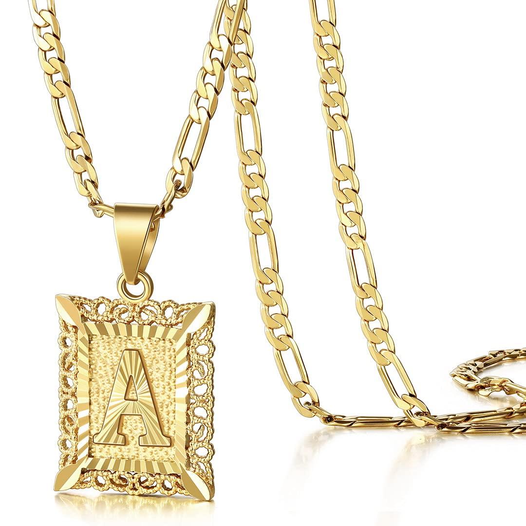 KissYan Initial Necklace for men and Women, 14K Gold Plated Square Letter Pendant Charm Necklace Cuban Chain Capital Alphabets from A-Z Jewelry