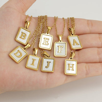 18K Plated Chain Necklaces Male Square Natural Shell Initial Letters Pendant Stainless Steel Jewelry for Women Gifts