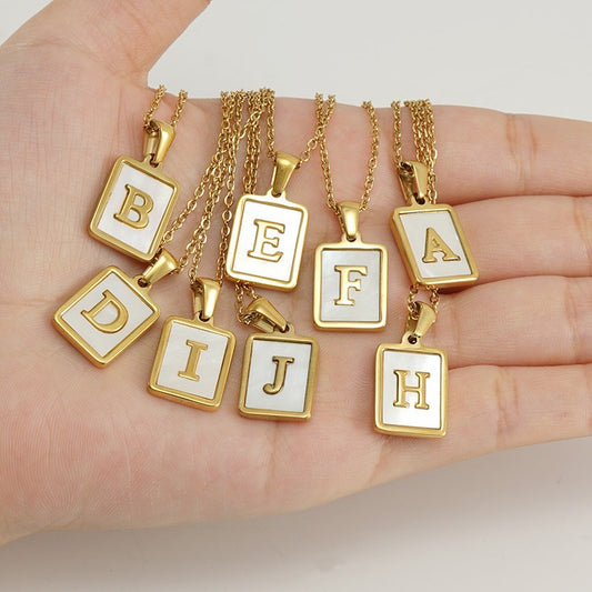 18K Plated Chain Necklaces Male Square Natural Shell Initial Letters Pendant Stainless Steel Jewelry for Women Gifts