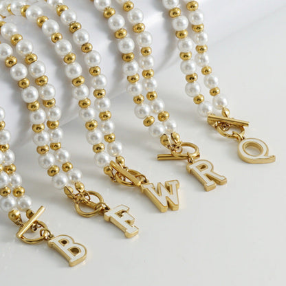 18K Stainless Steel OT Buckle Pearl Necklace Titanium Steel 26 English Shell Letter Pendant Jewelry Gift for Wife Couple Friends Colleagues Family Yourself