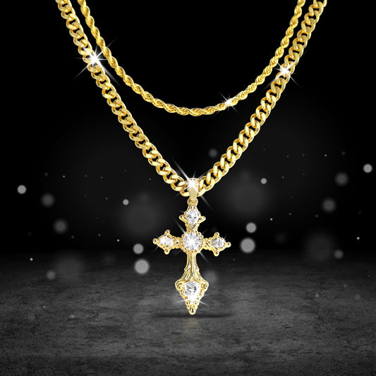 BlissBling Gold-Plated Cross Necklace 14K Gold Plated Double-Layer Chain Hypoallergenic Unisex for Daily Clothing Decoration and Special Occasions