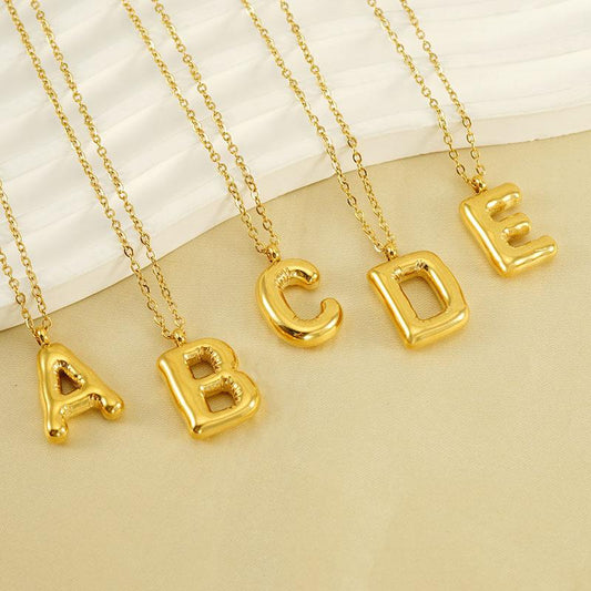 Personalized Bubble Letter Necklace – 26 Initial Pendant A–Z, Polished Titanium Steel Jewelry