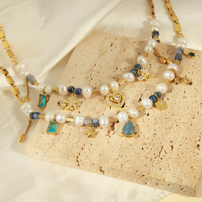 Colorful Rhinestone Bohemian Heart Charm Necklace with Natural Stone, Pearl & Zircon Accents, Elegant Design, Short Length with Metal Coating audrey  necklace  stacks