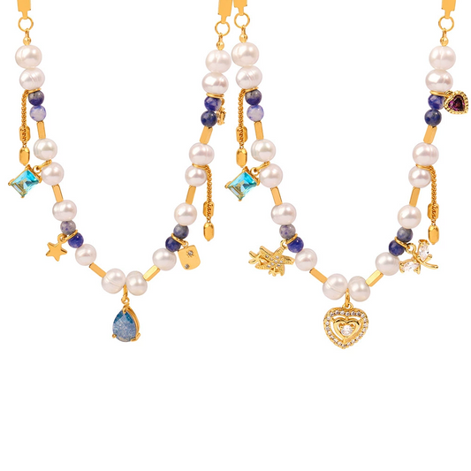 Colorful Rhinestone Bohemian Heart Charm Necklace with Natural Stone, Pearl & Zircon Accents, Elegant Design, Short Length with Metal Coating audrey  necklace  stacks