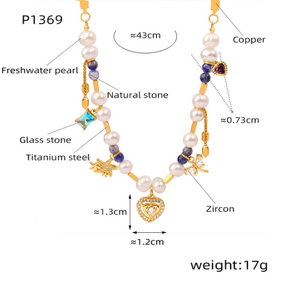 Colorful Rhinestone Bohemian Heart Charm Necklace with Natural Stone, Pearl & Zircon Accents, Elegant Design, Short Length with Metal Coating audrey  necklace  stacks
