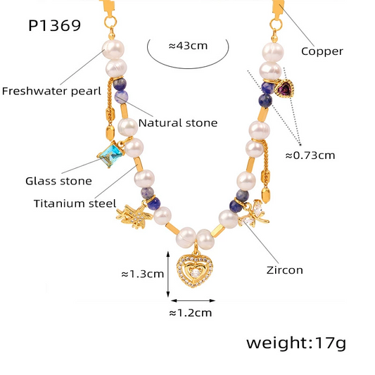 Colorful Rhinestone Bohemian Heart Charm Necklace with Natural Stone, Pearl & Zircon Accents, Elegant Design, Short Length with Metal Coating audrey  necklace  stacks
