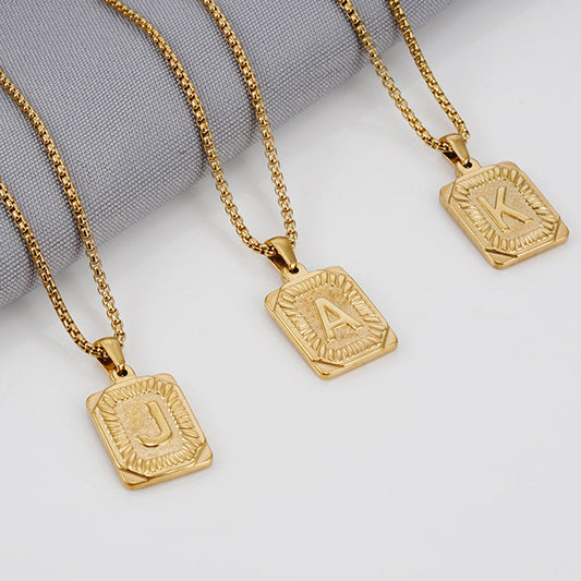 Initial A-Z Letter Pendant Necklace Mens Womens Capital Letter Yellow Gold Plated Stainless Steel Box Chain 22inch