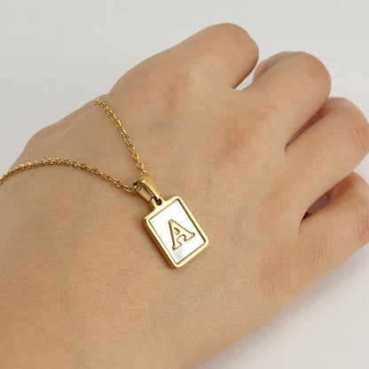 18K Plated Chain Necklaces Male Square Natural Shell Initial Letters Pendant Stainless Steel Jewelry for Women Gifts