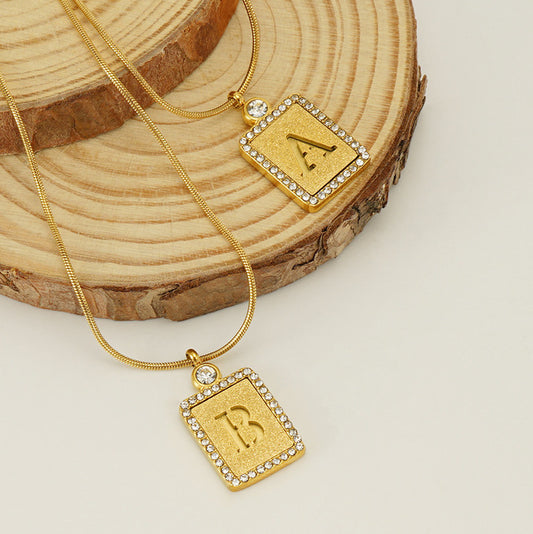 Women's Stainless Steel Pressed Sand Letter Necklace Set with Diamonds 18K Hollow Letter Pendant Clavicle Chain Jewelry