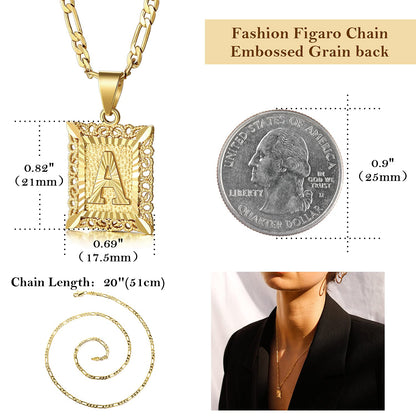 KissYan Initial Letter Pendant Necklace for Men & Women, 14K Gold Plated Alphabet Necklace on Figaro Chain, Elegant Design