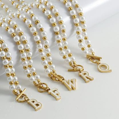 18K Stainless Steel OT Buckle Pearl Necklace Titanium Steel 26 English Shell Letter Pendant Jewelry Gift for Wife Couple Friends Colleagues Family Yourself