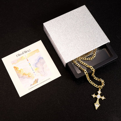 BlissBling Gold-Plated Cross Necklace 14K Gold Plated Double-Layer Chain Hypoallergenic Unisex for Daily Clothing Decoration and Special Occasions