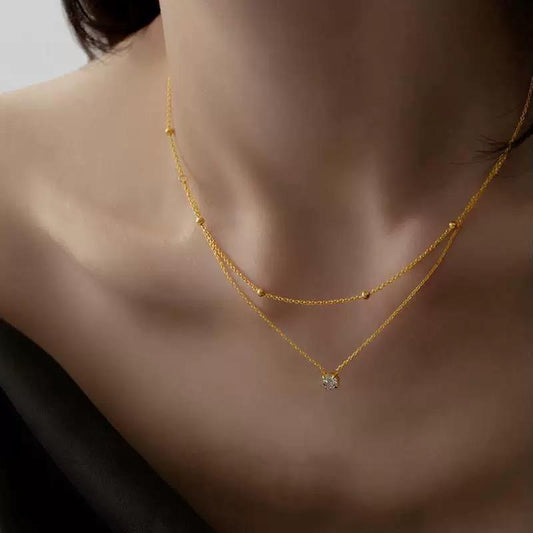 Titanium Double-Layer Necklace with Single Diamond Beads & Gold Accents, Adjustable Chain, Hypoallergenic Design, Comfortable for Daily Wear audrey  necklace  stacks