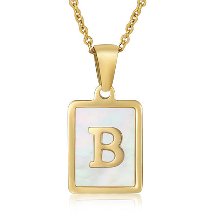18K Plated Chain Necklaces Male Square Natural Shell Initial Letters Pendant Stainless Steel Jewelry for Women Gifts