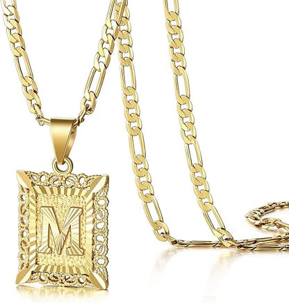 KissYan Initial Letter Pendant Necklace for Men & Women, 14K Gold Plated Alphabet Necklace on Figaro Chain, Elegant Design