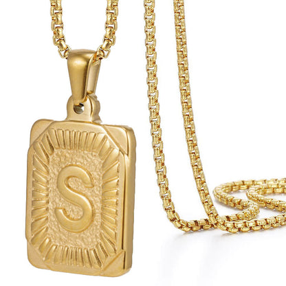 Initial A-Z Letter Pendant Necklace Mens Womens Capital Letter Yellow Gold Plated Stainless Steel Box Chain 22inch